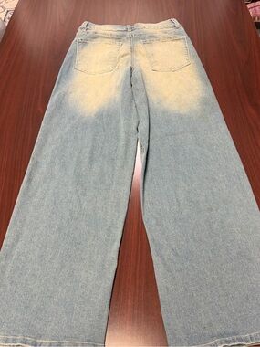 Madden Girl Light Blue Relaxed Wide-Leg Jeans with Washed Yellow Accents